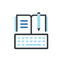 book, pen and keyboard icon