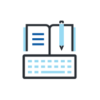 Illustration of a keyboard, a notebook and a pen